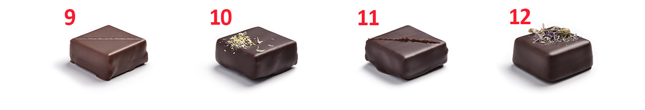 Les 12 saveurs des bonbons chocolatés disponibles dans un coffret Prestige de 34 bonbons