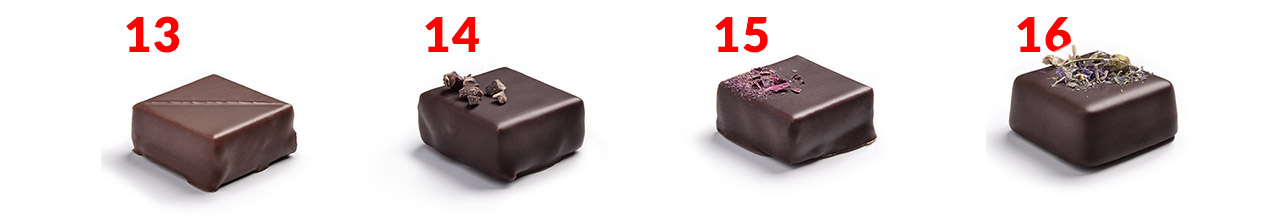 Les 16 saveurs des bonbons chocolatés disponibles dans un coffret Prestige de 34 bonbons